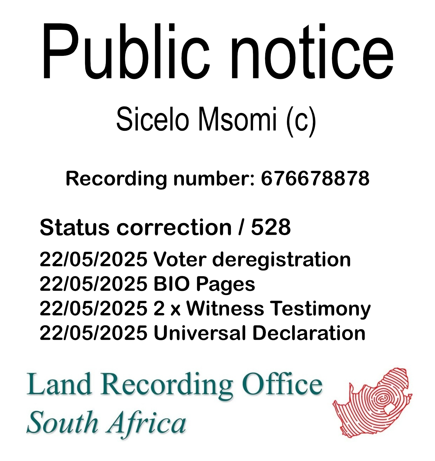 Public notice Sicelo Msomi (c) Recording number 676678878